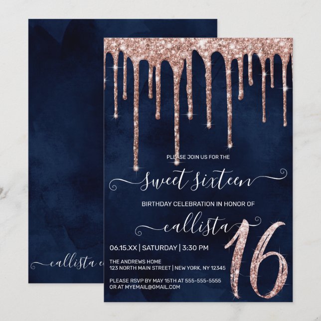 Navy Blue Rose Gold Glitter Drips Sweet 16 Invitation (Front/Back)