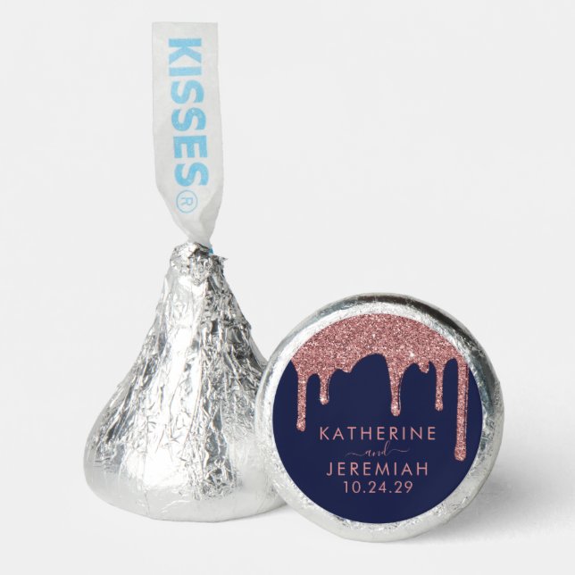 Navy Blue Rose Gold Glitter Drips Wedding Hershey®'s Kisses® (Front)