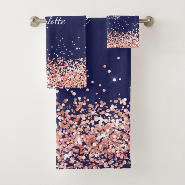 Navy blue rose gold glitter dust girl name bath towel set (Insitu)