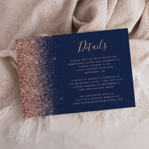 Navy Blue Rose Gold Glitter Edge Wedding Details Enclosure Card