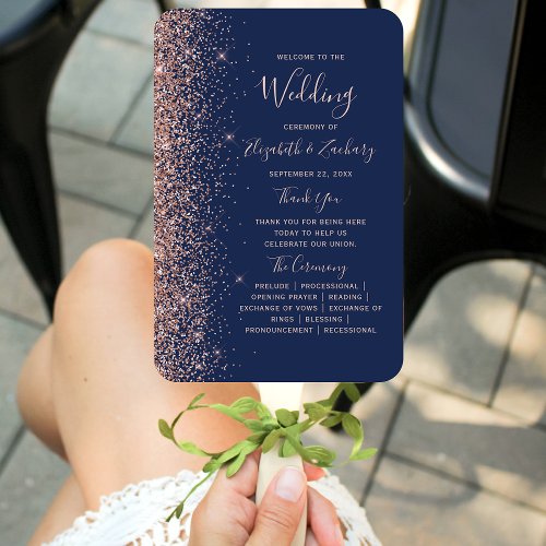 Navy Blue Rose Gold Glitter Edge Wedding Program Hand Fan