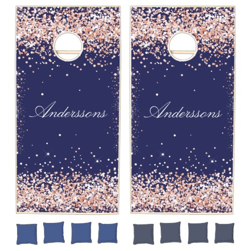 Navy blue rose gold glitter family name  cornhole set