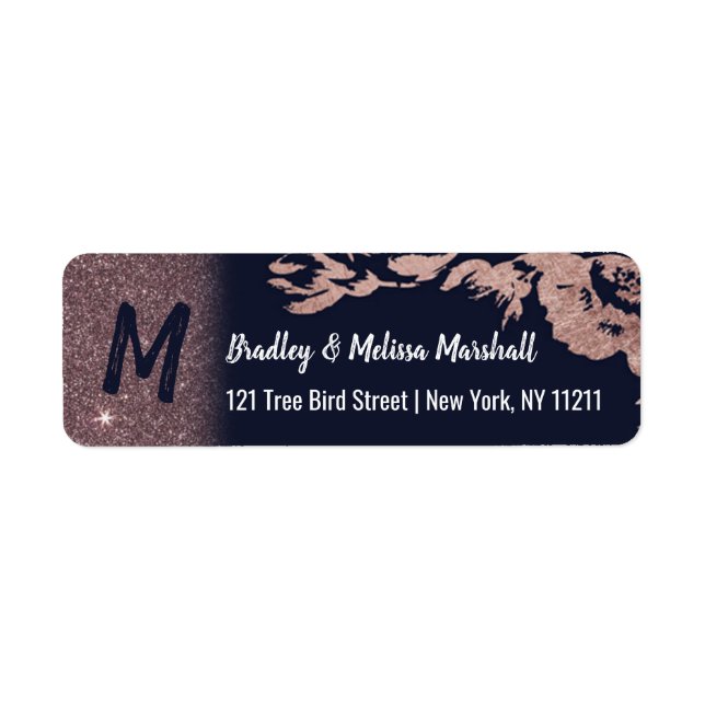 Navy Blue Rose Gold Glitter Floral Address Label (Front)