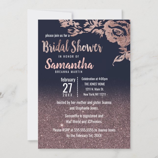 Navy Blue Rose Gold Glitter Floral Bridal Shower Invitation (Front)