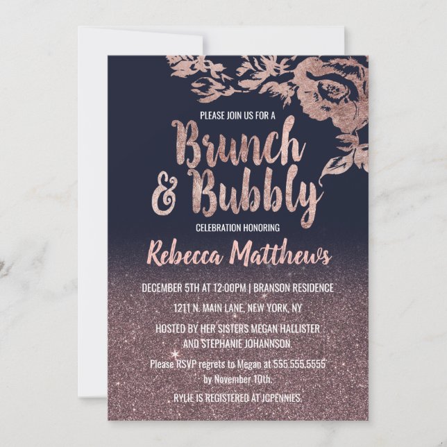 Navy Blue Rose Gold Glitter Floral Brunch Bubbly Invitation (Front)
