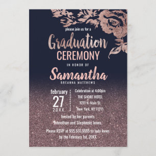 Navy Blue Rose Gold Glitter Floral Graduation Invitation