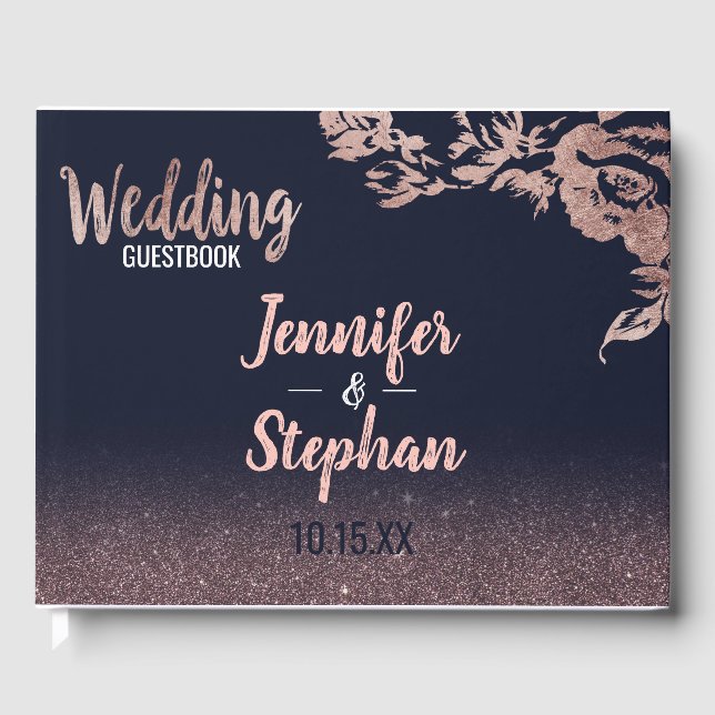 Navy Blue Rose Gold Glitter Floral Guestbook (Front)