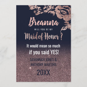 Navy Blue Rose Gold Glitter Floral Maid of Honor Invitation