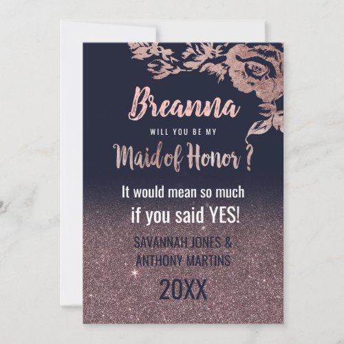 Navy Blue Rose Gold Glitter Floral Maid of Honor Invitation