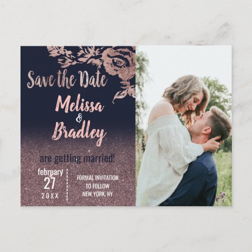 Navy Blue Rose Gold Glitter Floral Save the Date Announcement Postcard