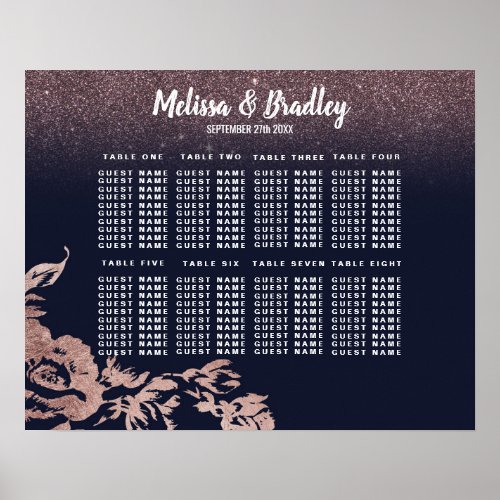 Navy Blue Rose Gold Glitter Floral Seating Chart