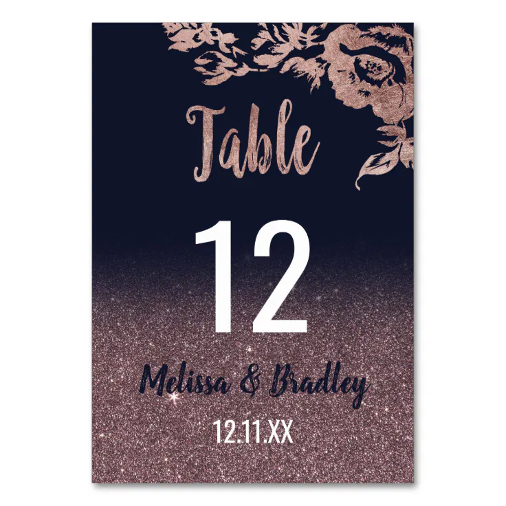 Navy Blue Rose Gold Glitter Floral Table Numbers 