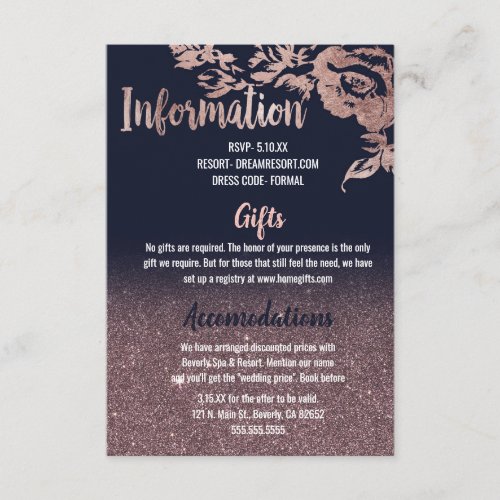 Navy Blue Rose Gold Glitter Floral Wedding Details Enclosure Card