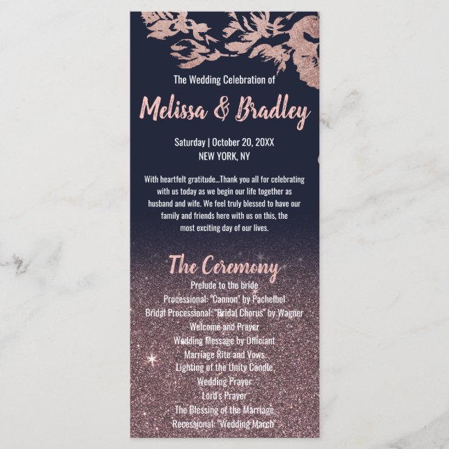 Navy Blue Rose Gold Glitter Floral Wedding Program (Front)