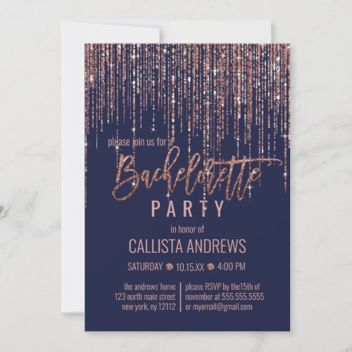 Navy Blue Rose Gold Glitter Fringe Bachelorette Invitation