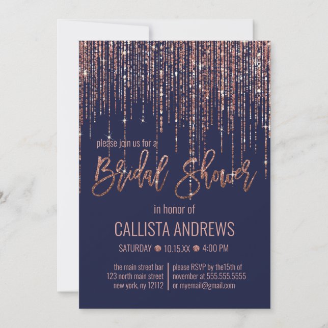 Navy Blue Rose Gold Glitter Fringe Bridal Shower Invitation (Front)