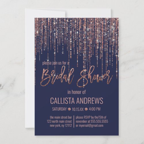 Navy Blue Rose Gold Glitter Fringe Bridal Shower Invitation