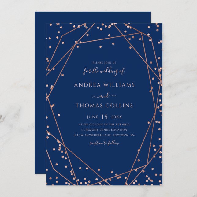 Navy Blue Rose Gold Glitter Geometric Wedding Invitation (Front/Back)