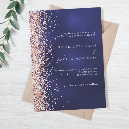 Navy blue rose gold glitter luxury wedding invitation