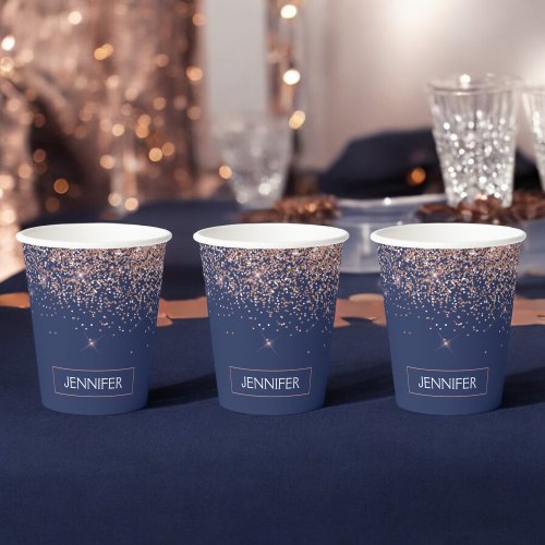 Navy Blue Rose Gold Glitter Monogram Paper Cups