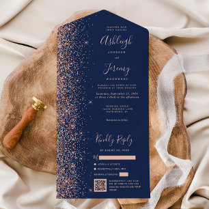 Navy Blue Rose Gold Glitter QR Code Wedding All In One Invitation