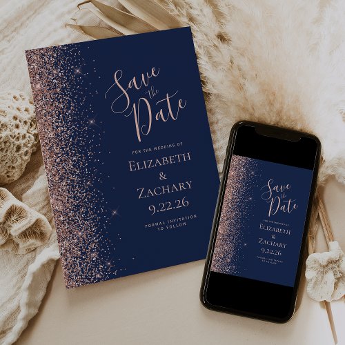 Navy Blue Rose Gold Glitter Save the Date Announcement
