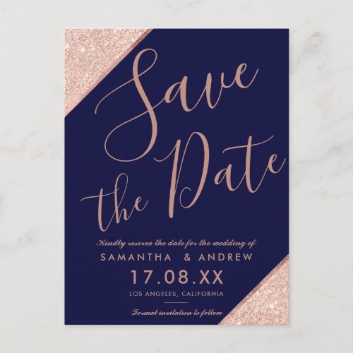 Navy blue Rose gold glitter script save the date Announcement Postcard