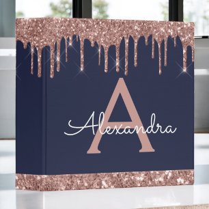 Navy Blue Rose Gold Glitter & Sparkle Monogram 3 Ring Binder
