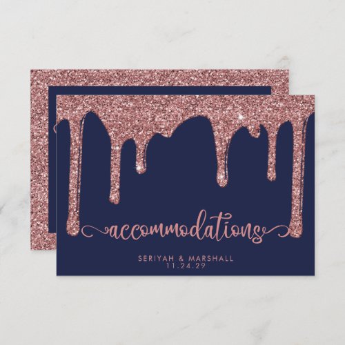 Navy Blue Rose Gold Glitter Wedding Accommodations Enclosure Card