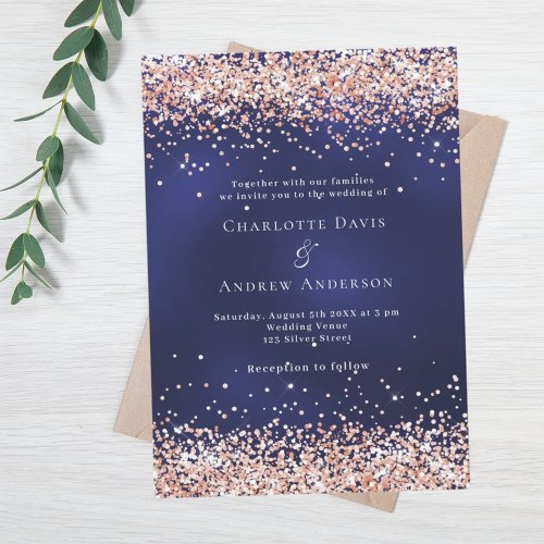 Navy blue rose gold glitter wedding invitation