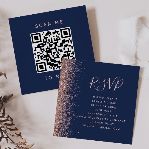 Navy Blue Rose Gold Glitter Wedding QR Code RSVP Enclosure Card