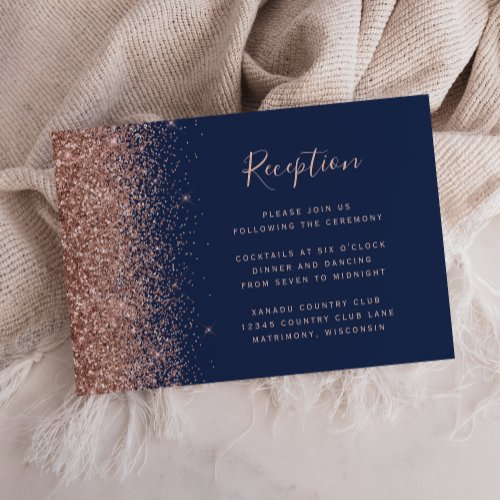 Navy Blue Rose Gold Glitter Wedding Reception Enclosure Card