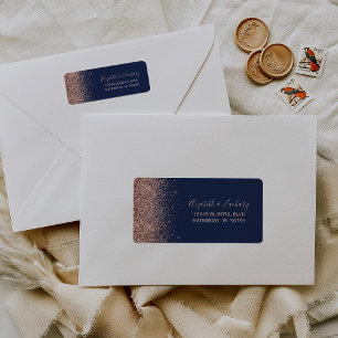 Navy Blue Rose Gold Glitter Wedding Return Address Label
