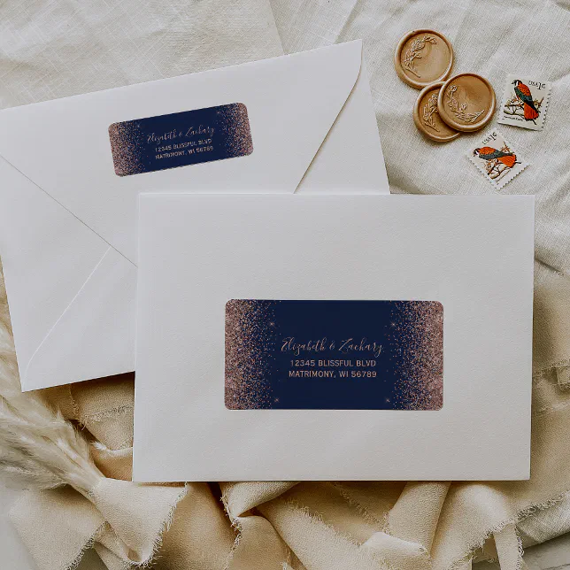 Navy Blue Rose Gold Glitter Wedding Return Address Label | Zazzle