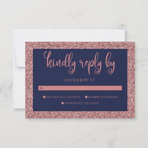 Navy Blue Rose Gold Glitter Wedding RSVP