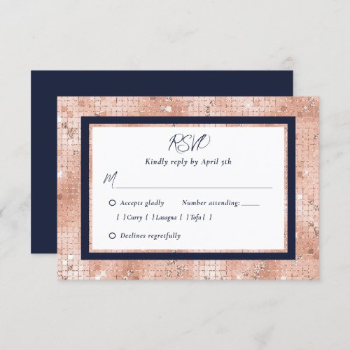 Navy Blue Rose Gold Glitter Wedding RSVP Cards