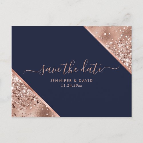 Navy Blue Rose Gold Glitter Wedding Save The Date Announcement Postcard