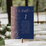 Navy Blue Rose Gold Glitter Wedding Table Number<br><div class="desc">The left-hand edge of this elegant modern wedding table number card features a rose gold faux glitter border. The word "table" appears in rose pink whimsical handwriting script on a navy blue background. Add the names of your guests who are assigned to each table.</div>