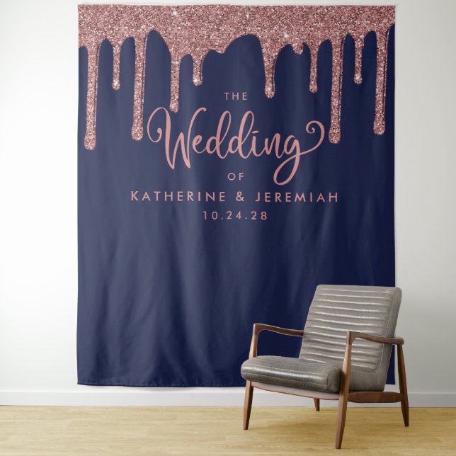 Navy Blue Rose Gold Glitter Wedding Welcome Tapestry (In Situ)