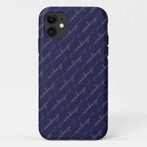 Navy Blue Rose Gold Handwritten Script Name iPhone 11 Case