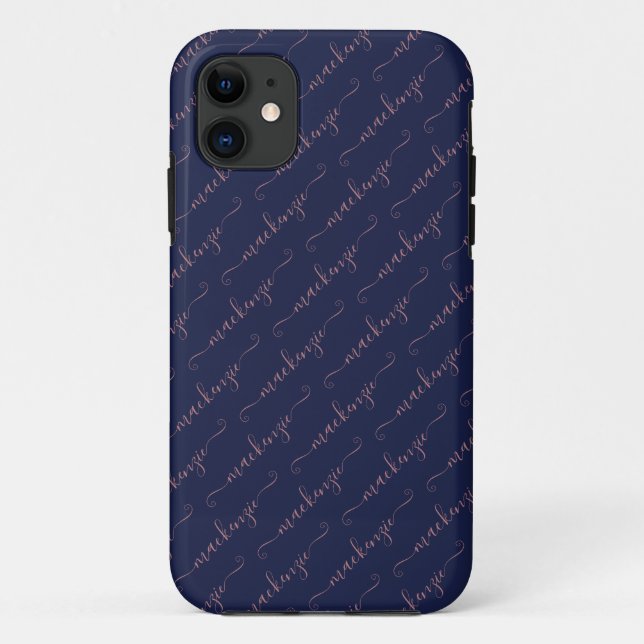 Navy Blue Rose Gold Handwritten Script Name Case-Mate iPhone Case (Back)