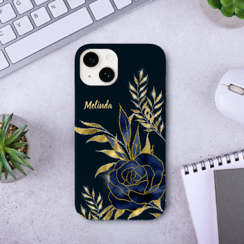 Navy Blue Rose Gold Leaves Monogram  Case-mate Iphone 14 Case by AvenueCentral at Zazzle