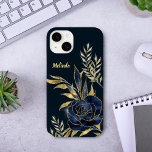 Navy Blue Rose Gold Leaves Monogram  Case-mate Iphone 14 Case at Zazzle
