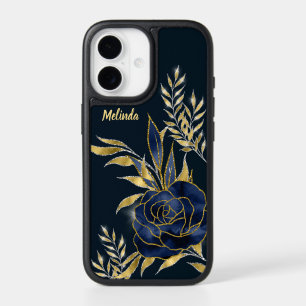 Navy Blue Rose Gold Leaves Monogram iPhone 17 Case