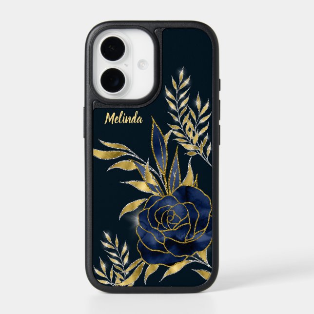 Navy Blue Rose Gold Leaves Monogram Otterbox iPhone Case (Back)
