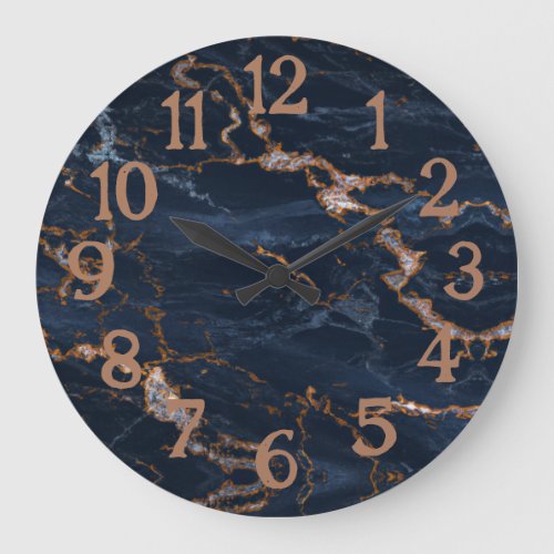 Navy Blue Rose Gold Marble Agate Large Clock