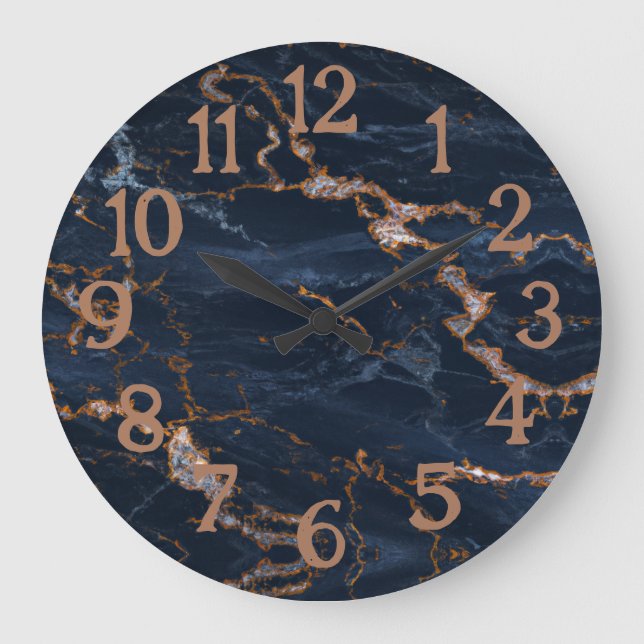 Navy Blue Rose Gold Marble Agate Large Clock (Front)