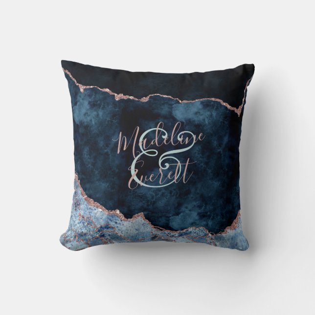 Navy Blue Rose Gold Marble Agate Monogram Ring Throw Pillow (Front)