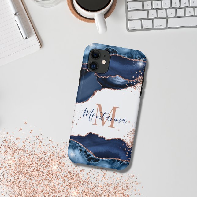  Navy Blue Rose Gold Marble Agate Personalized Case-Mate iPhone Case (navy agate phone case)