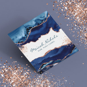 Navy Blue Rose Gold Marble Agate Personalized Square Business Card